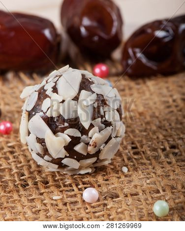 Candy Of Sweet Dates And Almonds, Sweets From The East. Fitness Food.