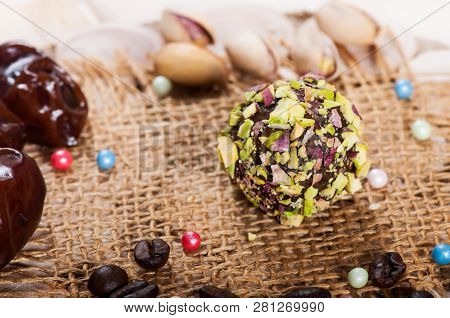 Candy Of Sweet Dates And Cashews, Sweets From The East. Fitness Food.