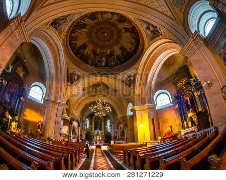 Satu Mare, Romania - January 25, 2019: Interior Religious Architecture Of Romano - Catholic Bishopri