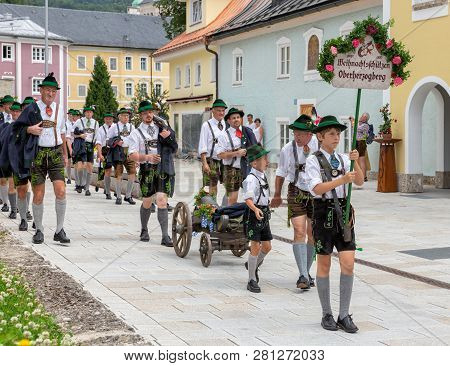Berchtesgaden, Germany - July 09, 2017: Local Festival With Parade Of Fanfare And People Dressed In 