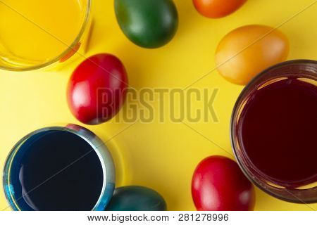 Colorful Easter Egg Paitns, Easter Or Spring Background With Home Painted Eggs. Top View, Copy Space