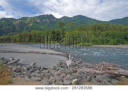Sunny Day Along A Mountain River On The Elwha River In Olympic National Park In Washington