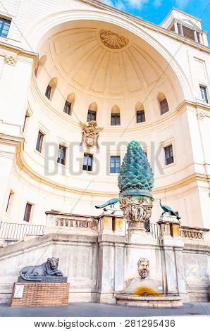Vatican, Rome, Italy - November 16, 2018: The Pine Cone Fountain, Fontana Della Pigna Is A Former Ro