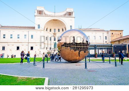 Vatican, Rome, Italy - November 16, 2018: Sphere Within Sphere Sfera Con Sfera Is A Bronze Sculpture