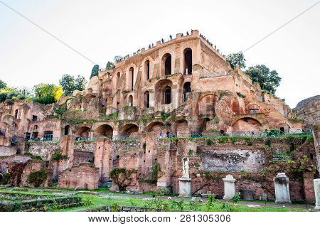 Rome, Italy - November 17, 2018: View On Domus Tiberiana Palace Remains Ruins As A Part Of West Edge