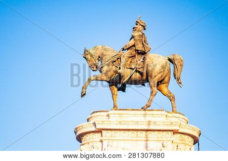 Rome, Italy - November 17, 2018: Bronze Statue Of The First King Of A Unified Italy Victor Emmanuel 