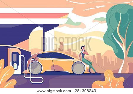 Flat Eco Electric Car Gas Station With Man With Cellphone. Concept Character With Mobilephone, Drive