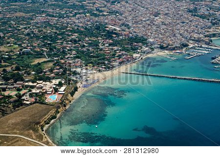Aerial View Of The Sandy Magaggiari Beach In Cinisi, Palermo, Sicily.  The Facilities Of The Florio 