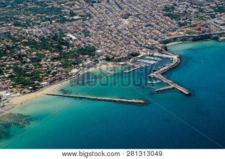 Aerial View Of The Town Of Terrasini In Palermo, Sicily On A Sunny Summer Morning.