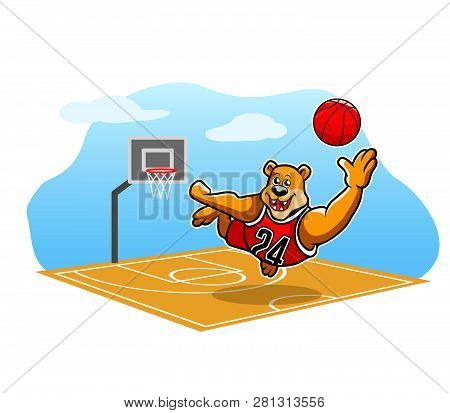 Happy Bear Playing Basketbal On The Field.