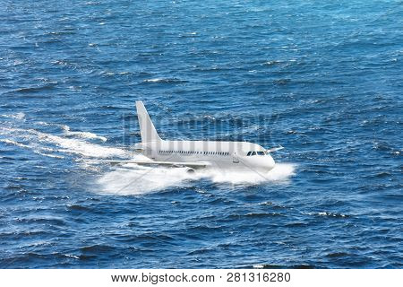 Emergency Landing Of The Airplane On Water With Splashes. Concept Of Aircraft Rescue, Flight Safety