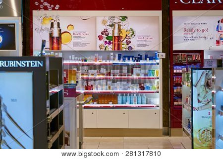 DUSSELDORF, GERMANY - CIRCA OCTOBER, 2018: cosmetics on display in Dusseldorf Duty Free.