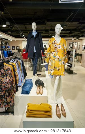DUSSELDORF, GERMANY - CIRCA OCTOBER, 2018: Hallhuber clothing shop in Dusseldorf airport.