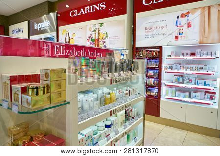 DUSSELDORF, GERMANY - CIRCA OCTOBER, 2018: cosmetics on display in Dusseldorf Duty Free.