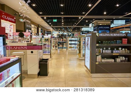 DUSSELDORF, GERMANY - CIRCA OCTOBER, 2018: perfumes and cosmetics on display in Dusseldorf Duty Free.