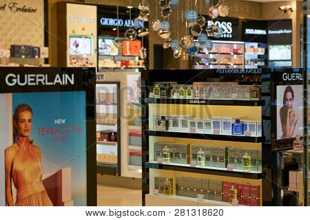 DUSSELDORF, GERMANY - CIRCA OCTOBER, 2018: perfumes and cosmetics on display in Dusseldorf Duty Free.