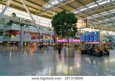 DUSSELDORF, GERMANY - CIRCA OCTOBER, 2018: interior shot of departure level in Dusseldorf airport.
