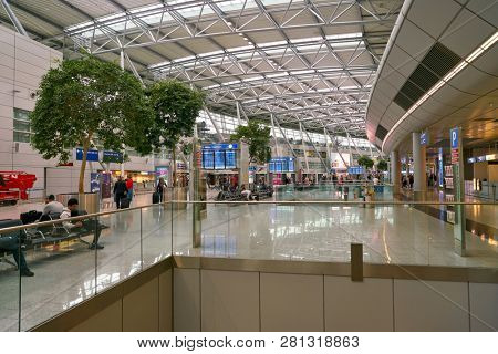 DUSSELDORF, GERMANY - CIRCA SEPTEMBER, 2018: interior shot of departure level in Dusseldorf airport.
