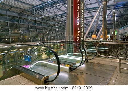 DUSSELDORF, GERMANY - CIRCA OCTOBER, 2018: interior shot of departure level in Dusseldorf airport.