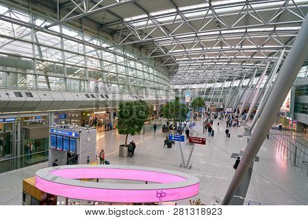 DUSSELDORF, GERMANY - CIRCA SEPTEMBER, 2018: interior shot of departure level in Dusseldorf airport.