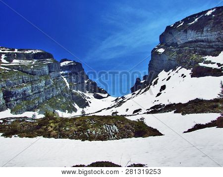 Alpine Peaks Schibenstoll And Zuestoll In The Churfirsten Mountain Range, Between The Toggenburg Reg