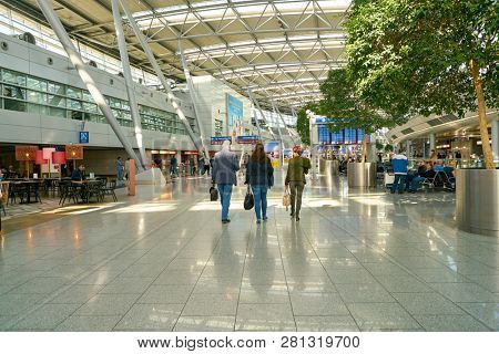 DUSSELDORF, GERMANY - CIRCA OCTOBER, 2018: interior shot of departure level in Dusseldorf airport.