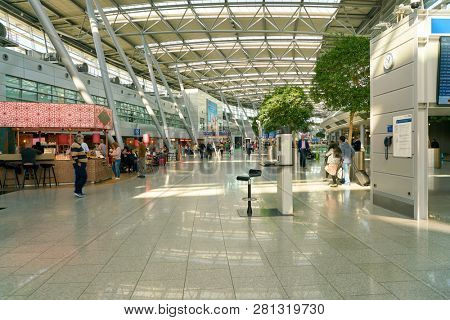 DUSSELDORF, GERMANY - CIRCA OCTOBER, 2018: interior shot of departure level in Dusseldorf airport.