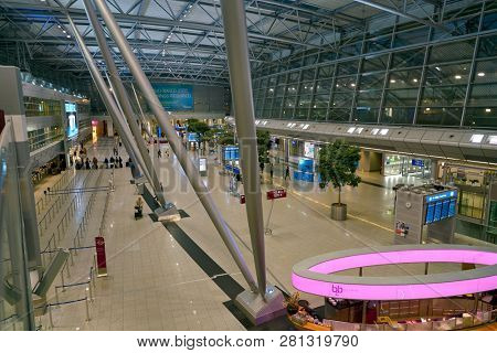 DUSSELDORF, GERMANY - CIRCA OCTOBER, 2018: interior shot of departure level in Dusseldorf airport.