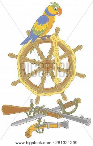 Colorful Pirate Parrot On An Old Ship Steering-wheel, A Gun, A Pistol And A Saber Of Filibusters, Ve