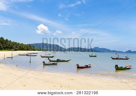 Beach And Small Boat With Sky At Baan Koh Teap Beach At Chumphon Province Thailand Is Famous For Tra
