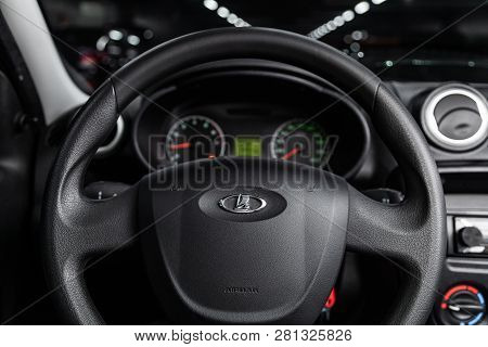 Novosibirsk, Russia -january 30, 2019:  Lada Kalina, Close-up Of The Dashboard And Steering Wheel. P