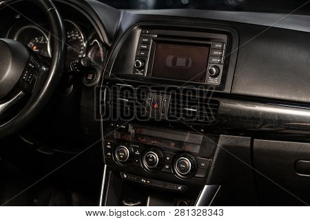 Novosibirsk, Russia - January 30, 2019:  Mazda Cx-5,  Close-up Of The Dashboard, Player And Buttons.