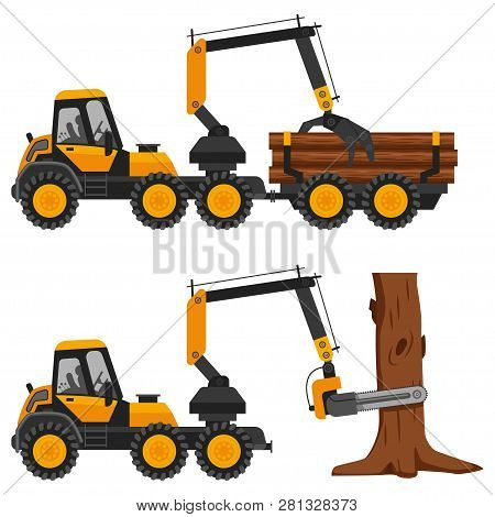 Harvester Working In A Forest. Vector Flat Illustration Of A Truck With Logs Isolated On A White Bac
