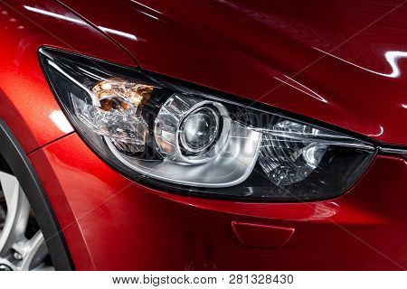 Novosibirsk, Russia - January 30, 2019:  Mazda Cx-5, Close-up Of The Headlights. Photography Of A Mo