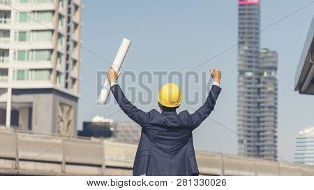 Success Engineer Wear Yellow Helmet For Safety Hat Building Finish Project.