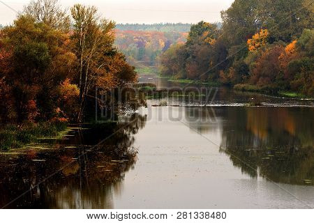 Landscape.gold Autumn River. Kursk Region Russia . River Sejm.