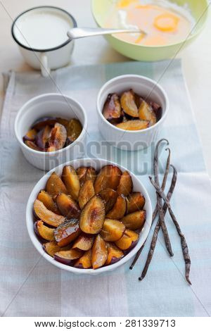 Ingredients for cooking plum clafoutis