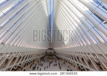NEW YORK CITY- MARCH 25, 2018 : interior view of The Occulus World Trade Center station  design by architect  Manhattan Landmarks