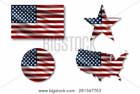 Flag Usa. Star Flag Usa. Usa Map. American Flag In Circle. Set Of American Flags With Shadow