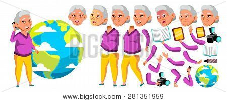 Asian Old Woman Vector. Senior Person Portrait. Elderly People. Aged. Animation Creation Set. Face E