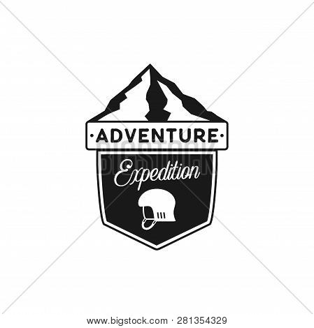 Adventure Logo - Expedition Badge With Mountains And Climbing Helmet Icon. Camping Adventure Emblem 