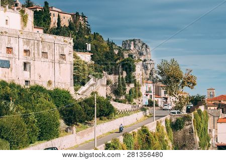 Terracina, Italy - October 15, 2018: Via Posterula Street Leading To Upper Town In Sunny Day.