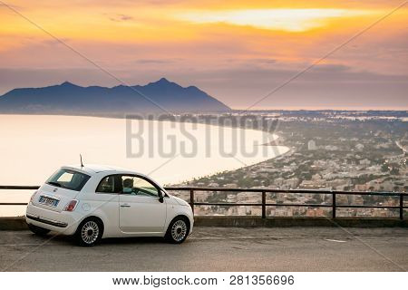 Terracina, Italy - October 15, 2018: White Color Fiat 500 Facelift 2016 Car Parked On Background Cir