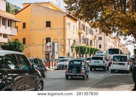 Terracina, Italy - October 16, 2018: Old Retro Car Moving At Via Roma Street.