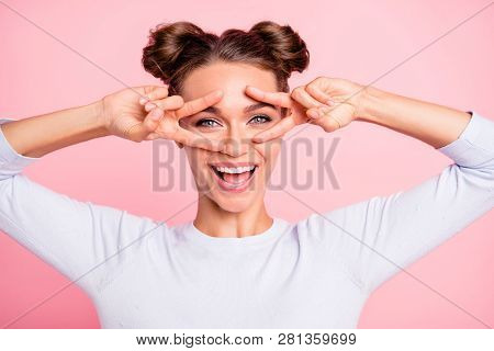 Close Up Photo Of Amazing Attractive Pretty She Her Lady With Cute Buns Both Hands Fingers In Shape 