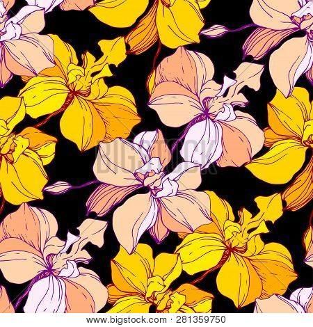 Vector Orange Orcid Floral Botanical Flower. Engraved Ink Art. Seamless Background Pattern.