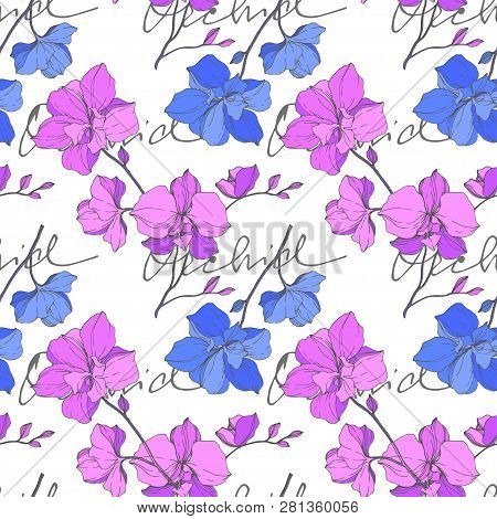 Vector Pink And Blue Orcid Floral Botanical Flower. Engraved Ink Art. Seamless Background Pattern.