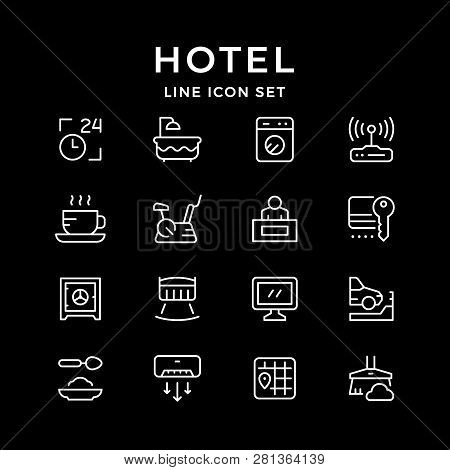 Set Line Icons Of Hotel Isolated On Black. Vector Illustration
