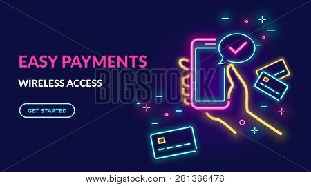Neon Sign Of Payment By Credit Card Via Electronic Wallet Wirelessly And Easy. Bright Vector Neon Li
