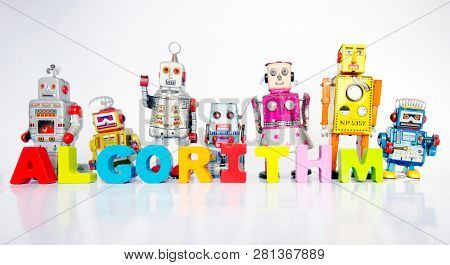 retro robots with the word ALGORITHM on bright white with reflection 